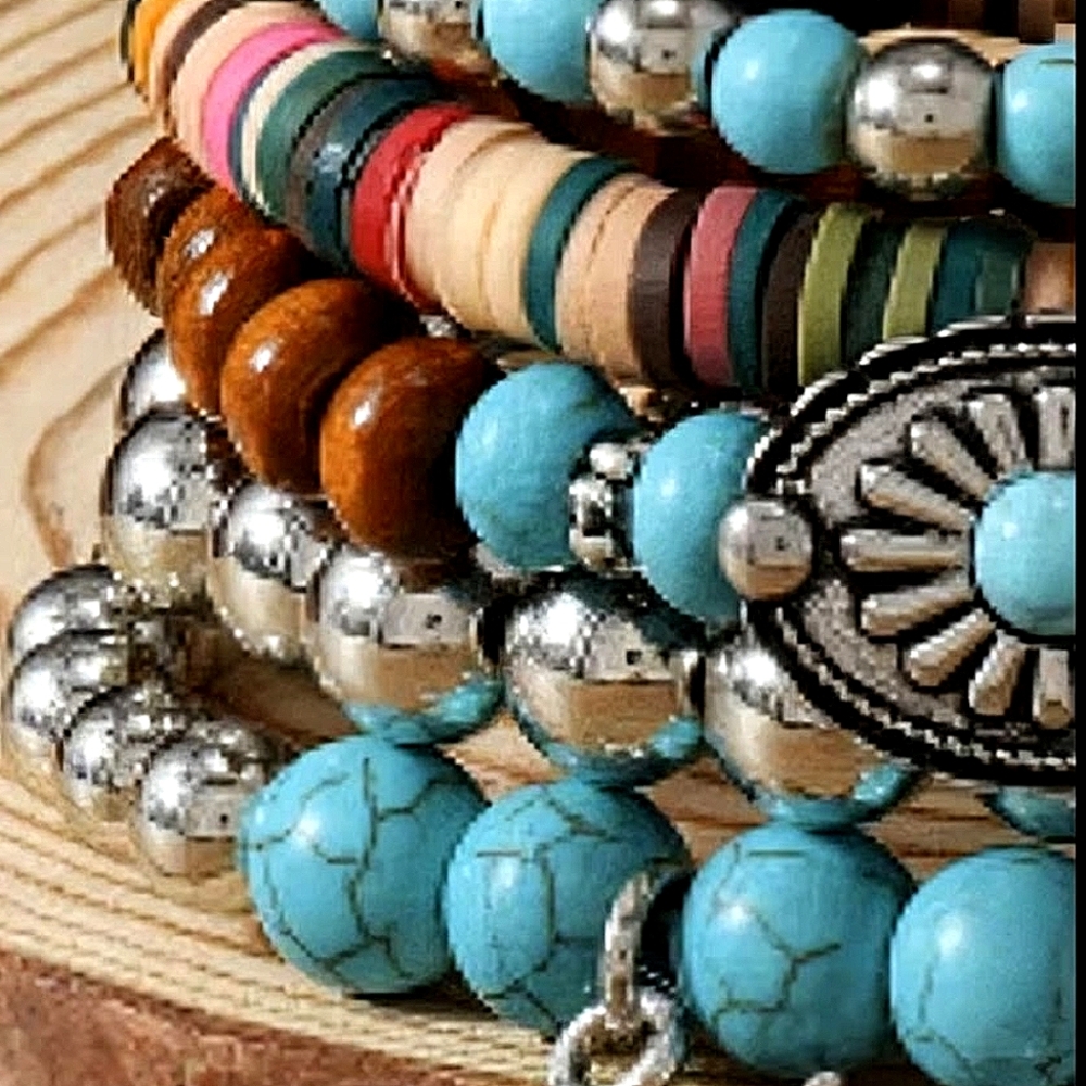 5 Bracelet Set Silver Blue Turquoise Stone Jewelry Rodeo Outfit Hippie Festival - Picture 5 of 8